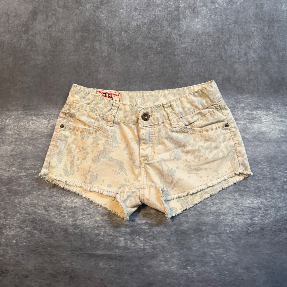 Y2K 1st Kiss Leopard Print Denim Shorts Womens Size 14 Low Rise Frayed Cut Off